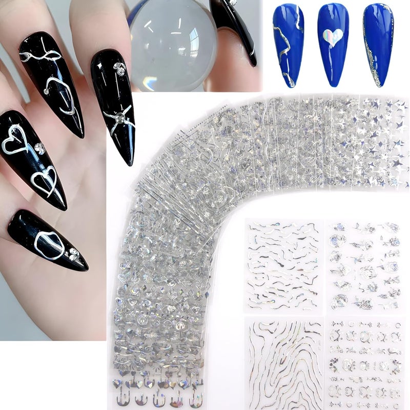 SPLOCUDU 30 Sheets Silver Nail Art Stickers 3D Self-Adhesive Line Nail Decals for Acrylic Nails Lace Leaf Flower Nail Supplies for Nail Art Glitter DIY Design Nail Stickers for Women - Image 1